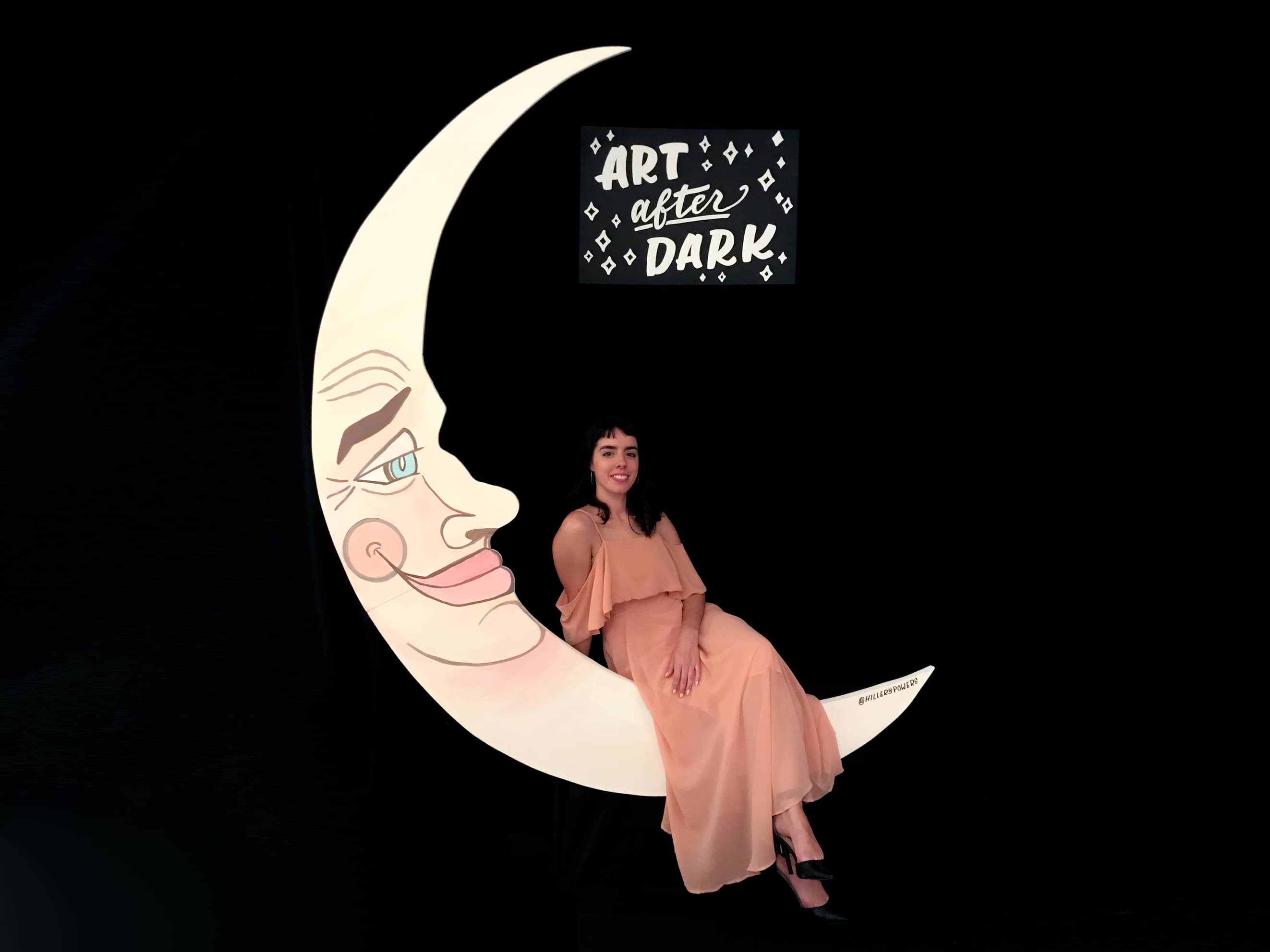 Art After Dark hand lettered sign for Paper Moon Photo Booth at Downtown Arts District event by Hillery Powers