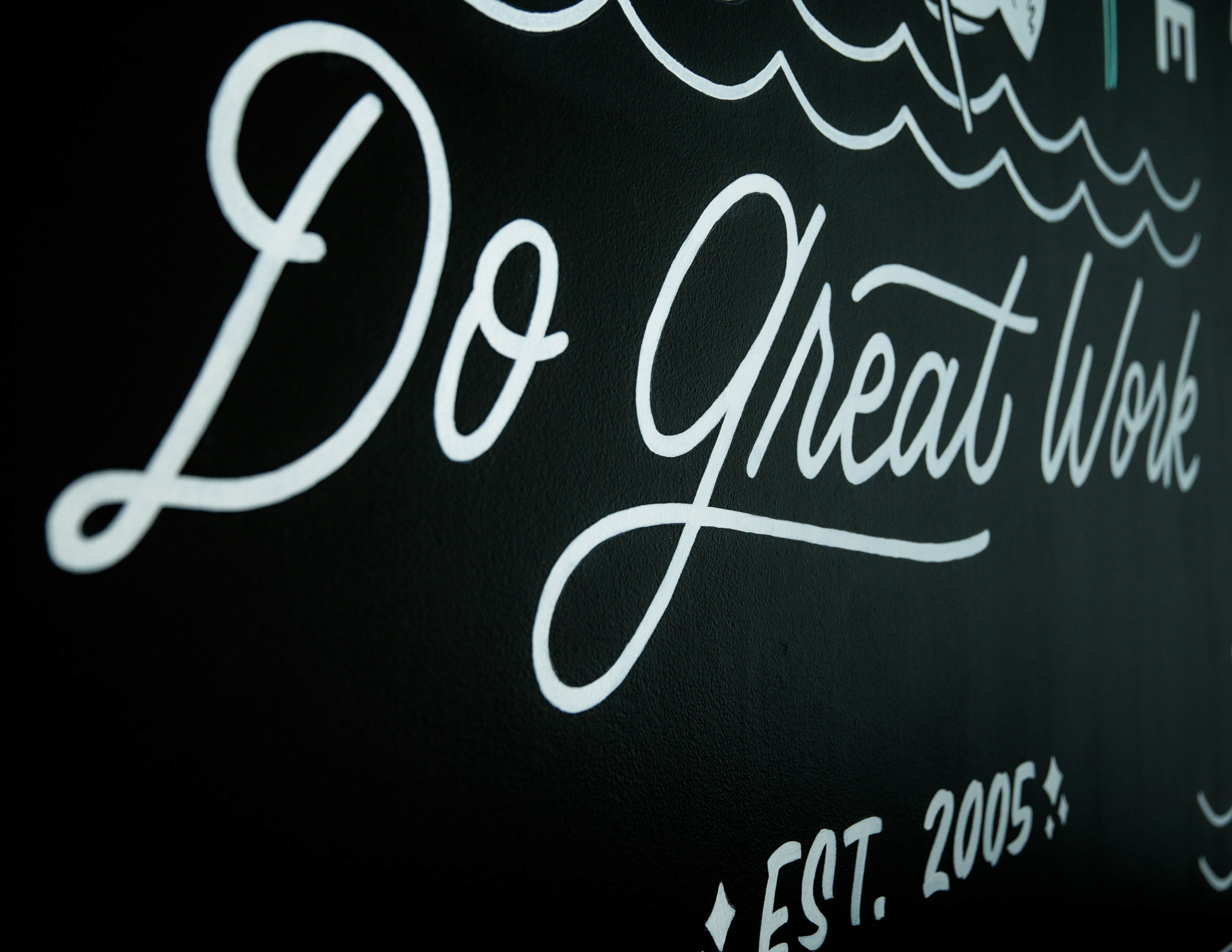Hand lettered PRPL Do Great Work mural by Hillery Powers and Secret Society Goods