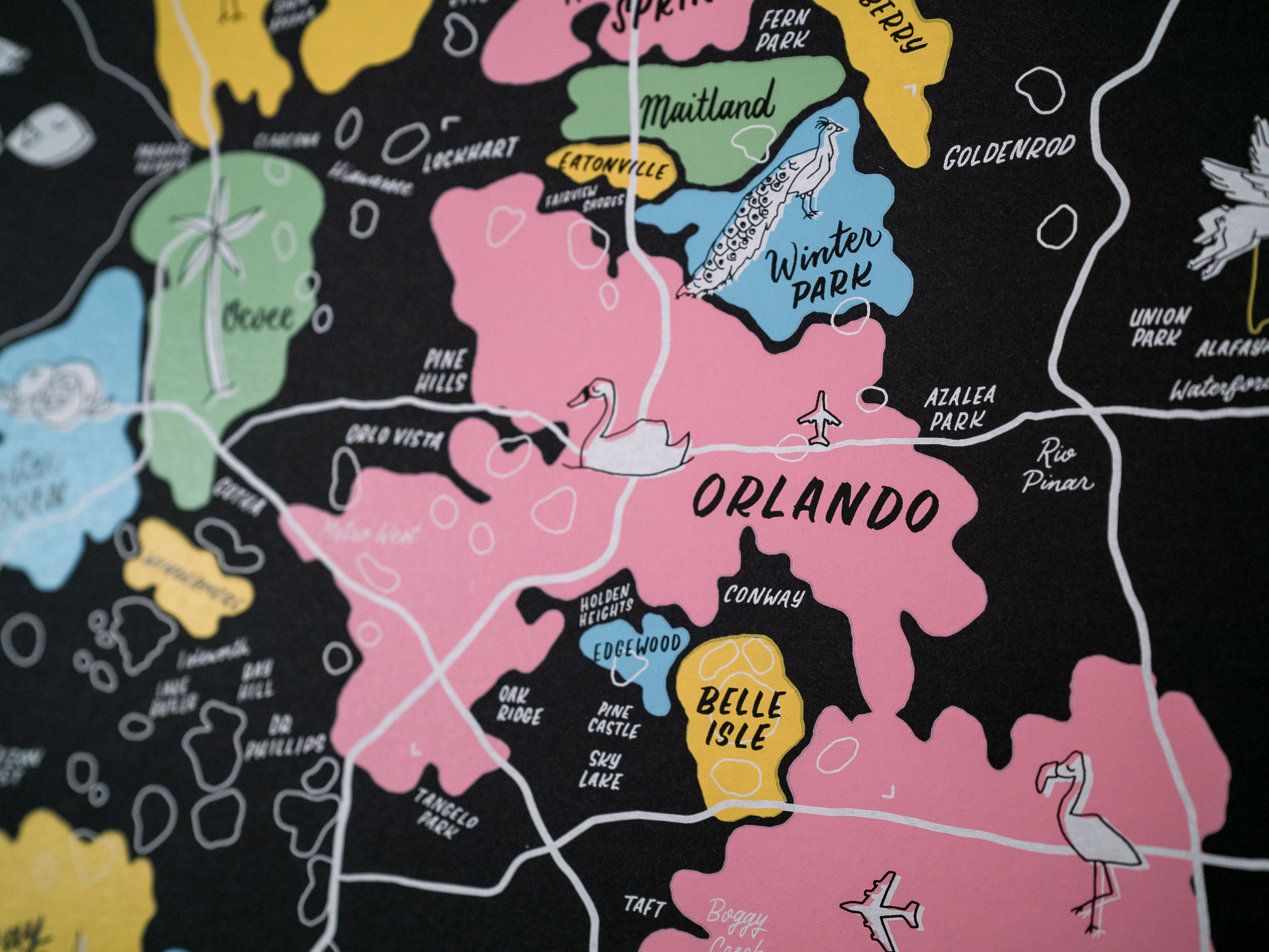 Greater Orlando hand lettering map poster by Hillery Powers (Disney, Winter Park, UCF, Lake Nona, Altamonte Springs)