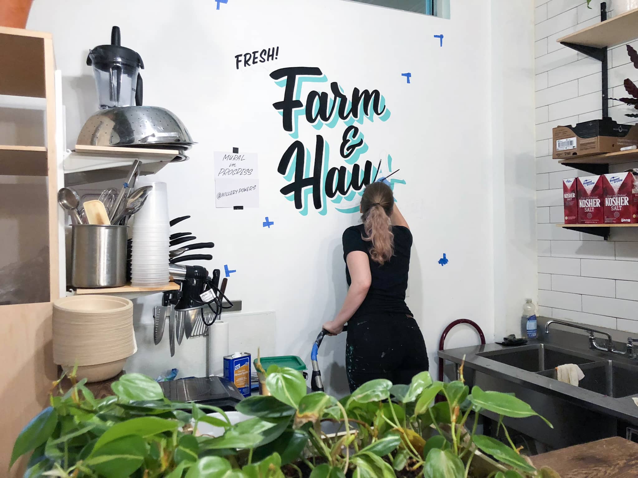 Farm & Haus hand lettered sign painted mural at East End Market by Hillery Powers