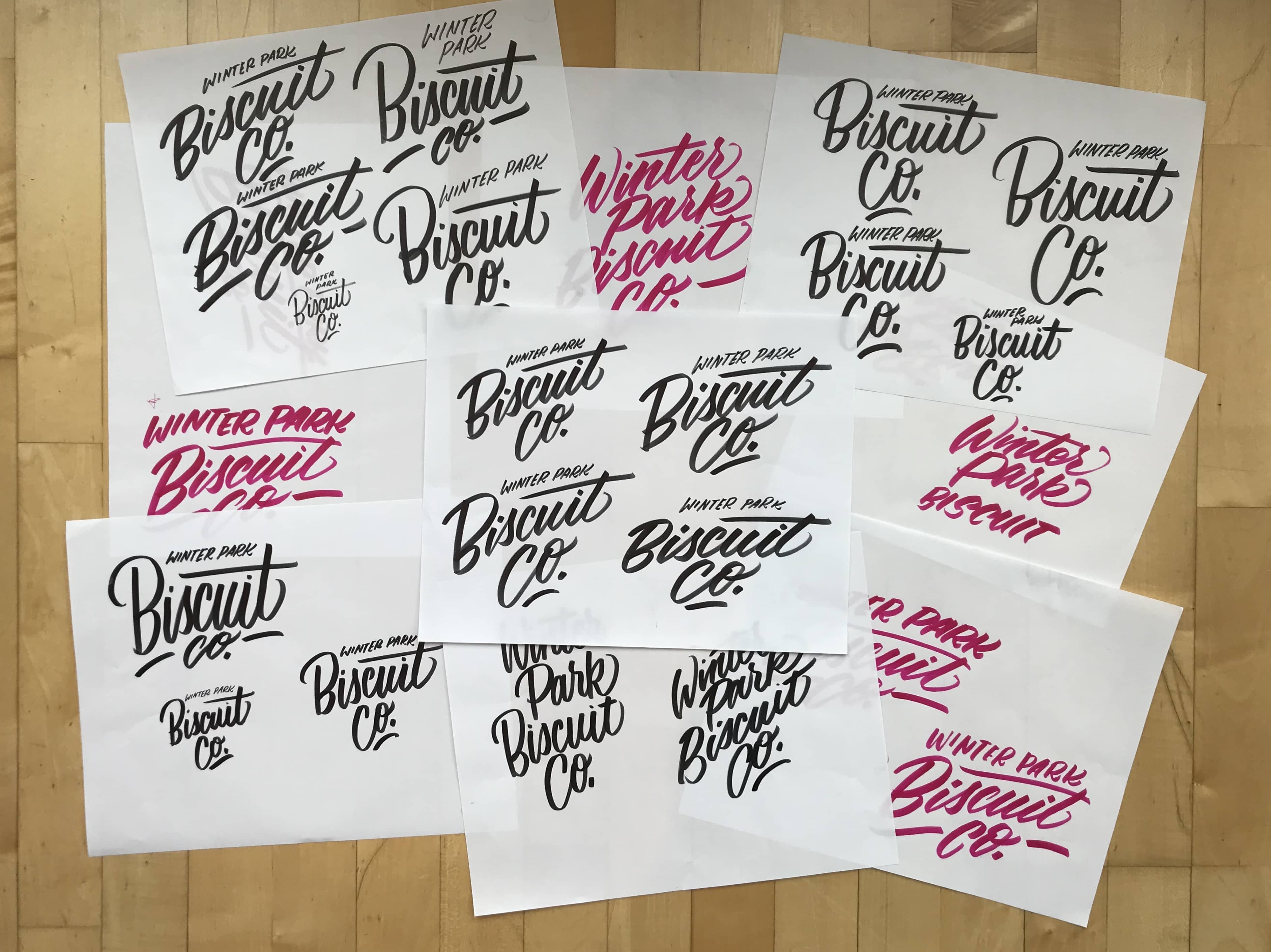 Winter Park Biscuit Co. hand lettered brush lettering sketches