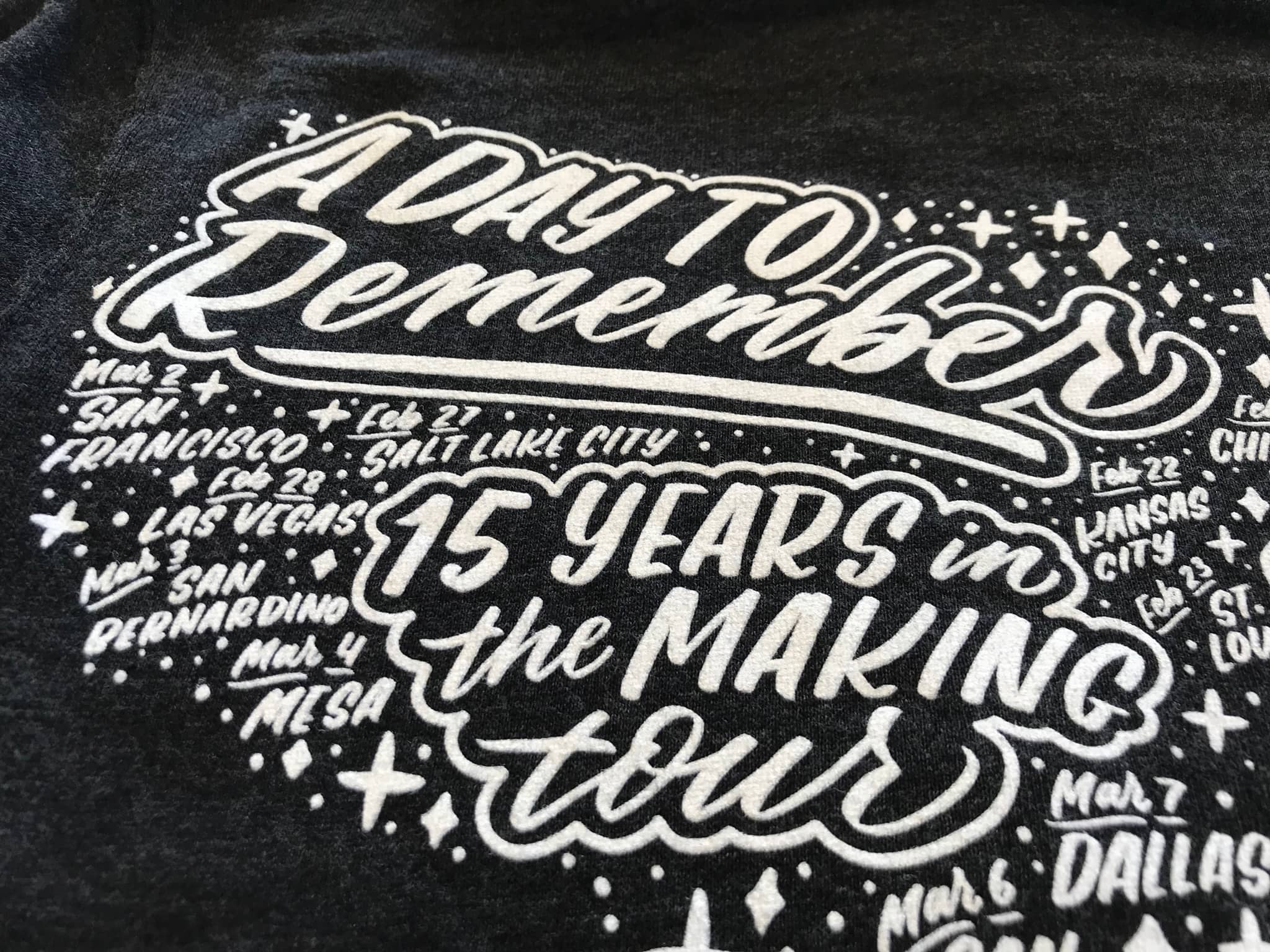 A Day to Remember 15-year tour hoodie hand lettered
